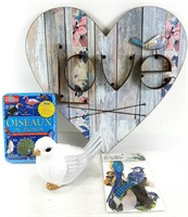 Coeur LOVE bois/métal 19x20", oiseau en résine et+