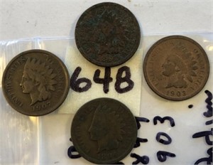 1891,1894,1903,1907 4 Indian Head Cents