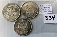 3 Canadian Silver Fifty Cents Coins(1963,1964,1966