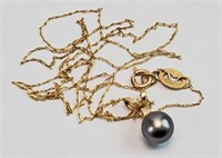 14K GOLD 19" NECKLACE, GRAY PEARL PENDANT