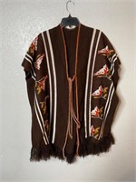 Vintage Knit Bird Fringe Poncho