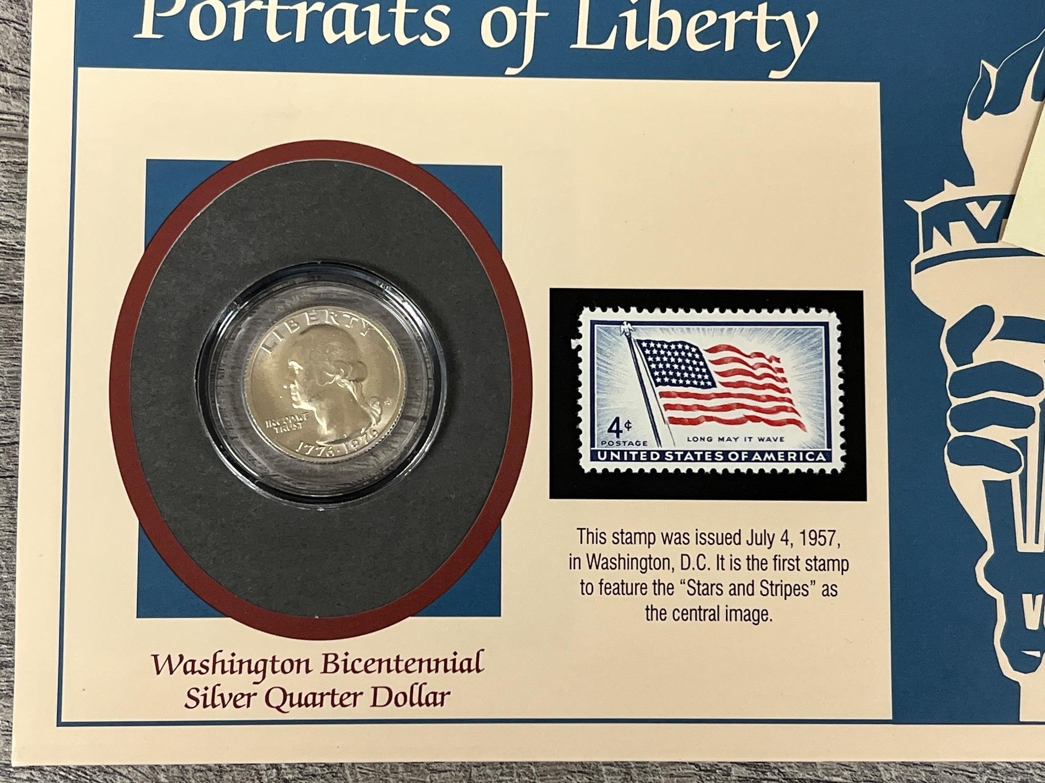Portraits of Liberty Silver quarter and flag stamp