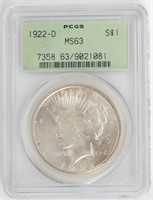 Coin 1922-D Peace Silver Dollar - PCGS MS63