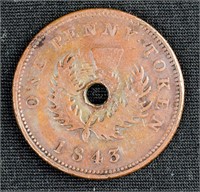 1843 NOVA SCOTIA  ONE CENT PENNY COIN Canada