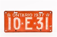 1937 ONTARIO SINGLE TIN EMBOSSED LICENSE PLATE