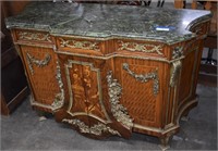 Antique Marble Top French Brass/Wood Inlay Buffet
