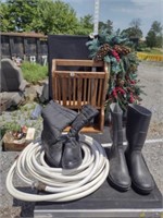 2 Pairs of Womens Boots Garden Hose & wreath