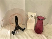 Pink Depression Plate & Cranberry Vase