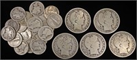 (19) MERCURY DIMES & (5) BARBER HALF DOLLARS