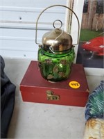 GREEN GLASS LANTERN AND JEWELRY BOX