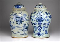 PAIR OF LARGE CHINESE BLUE AND WHITE COVERED JARS