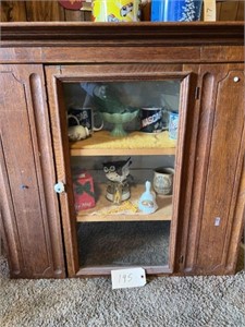 Cabinet with contents, glassware, bells, mugs