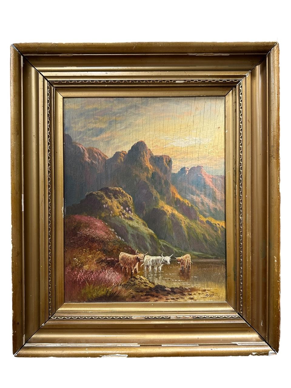 Early Oil on Board Cattle Mountain Valley Scene