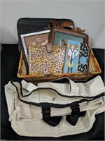 Group of canvas bags, framed pictures, laptop