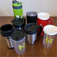 Lot of Coffee Travel Mugs and Tervis Water Bottles