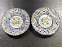 Vintage Majolica Basket Weave Floral Salad Plates
