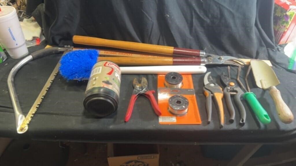 Yard tools, propane bottle & scrub brush