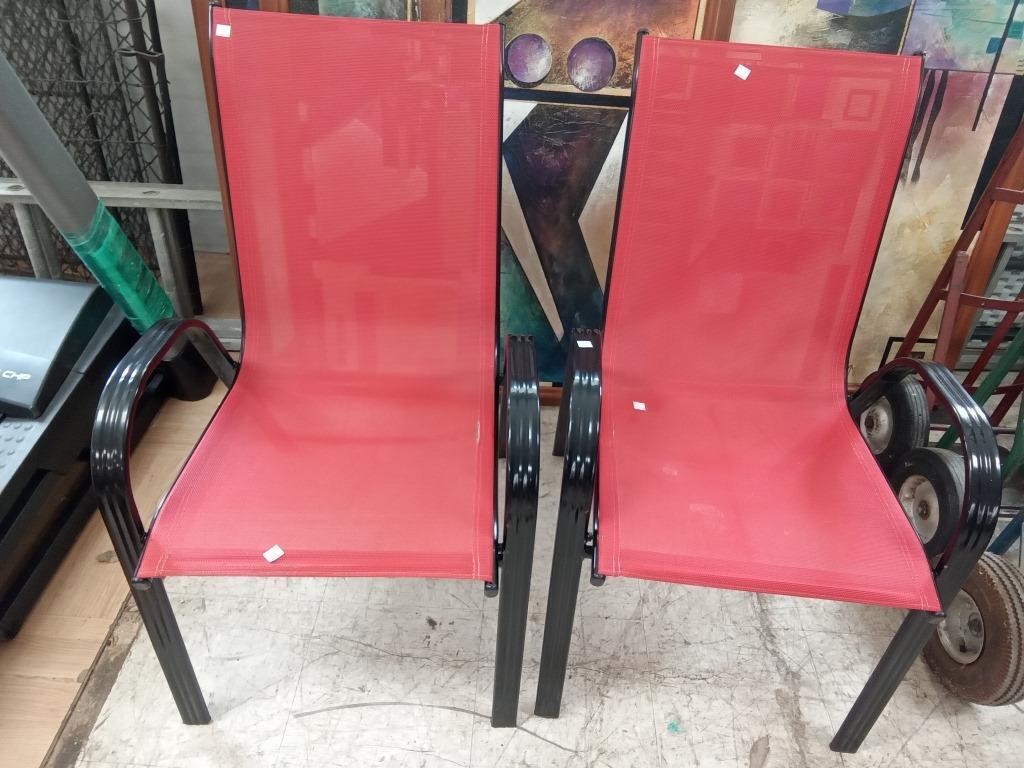 Red mesh & black metal patio chairs