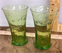 2 green Coca-Cola glasses