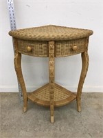 Retro Natural Wicker Corner Table Faux Drawers