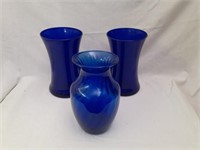 3 Large Blue Vases 8" tall