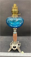 Vintage European Oil Lamp with Blue Glass Font.
