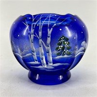 Signed Fenton Hand Painted Cobalt Blue Glass Bowl