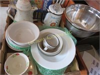 assorted kitchenware enameled coffee pot bowls