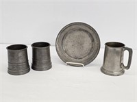 PEWTER - 3 CUPS, 1 PLATE - HANDLED MUG IS 5" TALL