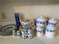 Assorted Blue & White Dishes, Cannister Set, Etc.