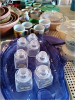 GLASS POTS, CUPS, SEASONING JARS, POTTERY AND MISC