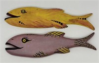 (2) Hand Painted Signed Wood Folk Art Wall Fish