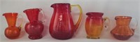 5 Pieces Red/Orange Crackle Glass Pitchers