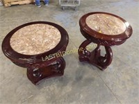 2 WOODEN MARBLE TOP END TABLES