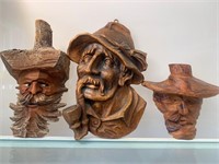 German Black Forest Wood Carving Heads X3