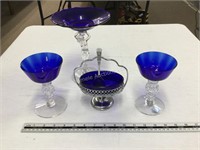 Blue glasses and bowl 4 pcs