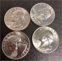 4 uncirculated 1964D silver quarters