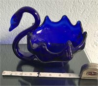 Cobalt Blue Glass Swan Candy Dish