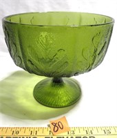 1975 FTD Oak Leaf Green Glass Footed Bowl