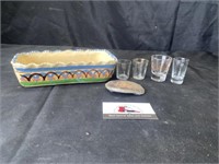 Ceramic dish, belt buckle, and shot glasses