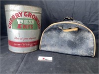 Cherry tin and vintage bag