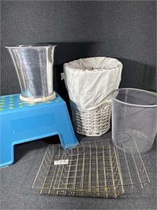 Foot stool, wastebaskets, wire baskets