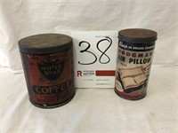 2 Tins, White Swan Coffee, Hodgeman Air Pillow