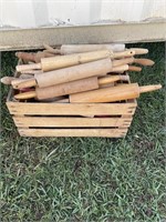 WOODEN CRATE FULL OF ROLLING PINS
