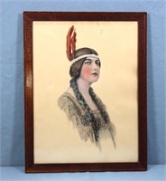 Hand-Colored Lithograph of Native-American Woman
