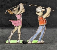 Stained Glass Like Golfer Man and Woman Bookends
