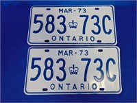 License Plates March 73 Matched Pair Ontario