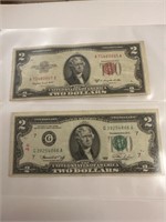 Pair of $2 bills dated 1953 and 1976