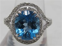 .925 Sterling Silver Blue Topaz, White Zircon Ring
