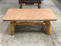 Etched Stone Top Log Base Coffee Table or Bench